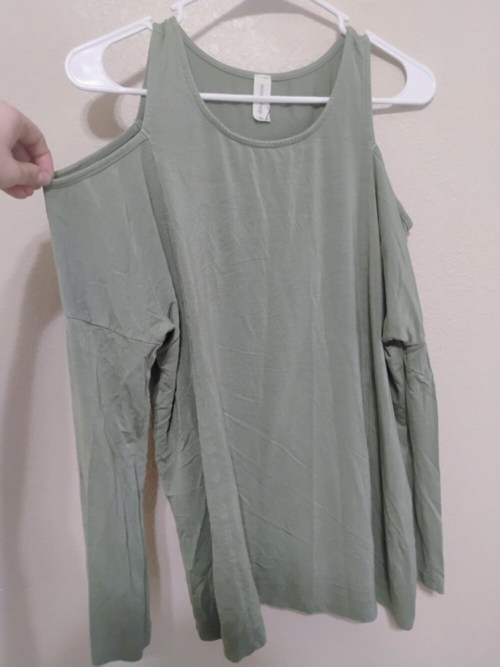 Mittoshop S Sage Green Cold Shoulder Tunic Top Bamboo Stretch Long Sleeve - Picture 2 of 5